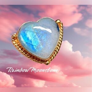 Heart-Shaped genuine Rainbow Moonstone Gold Ring